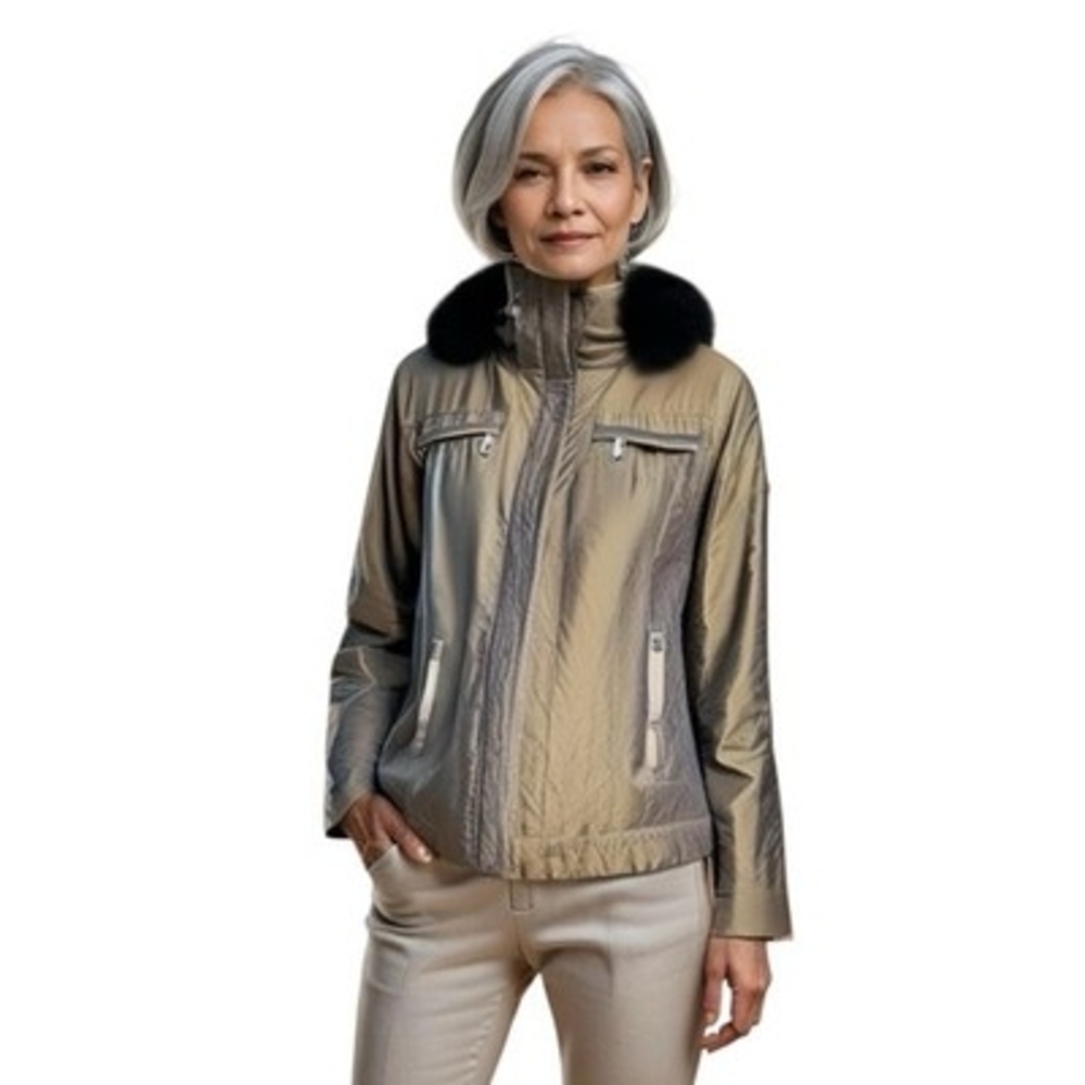 NILS Iridescent Brown Ski Jacket Womens Puffer Hooded Fur Trim ZipFront Jacket L